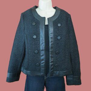 Drew Black Jacket/Blazer Boucle Fabric Faux Leather Trim Open Size Large